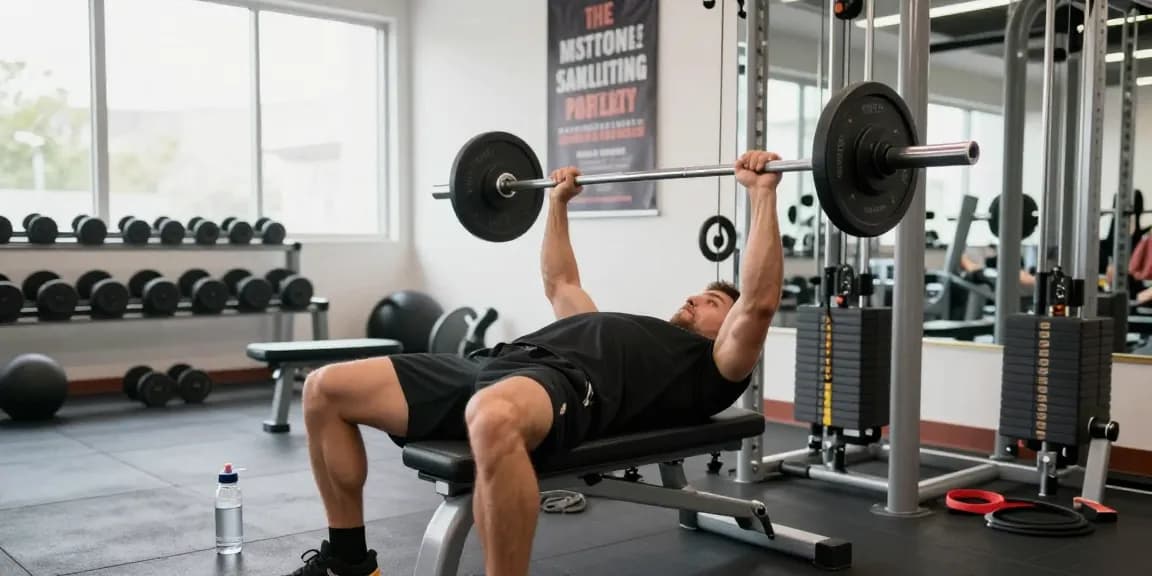 Muscular Mann im Anabolika Shop während des Trainings mit Hantelbank und Fitnessgeräten.