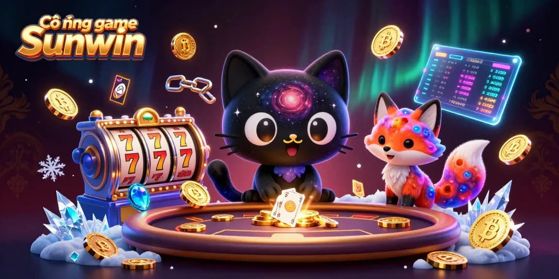 Cổng game Sunwin captivates players with a cosmic casino scene featuring dynamic gambling elements and characters.