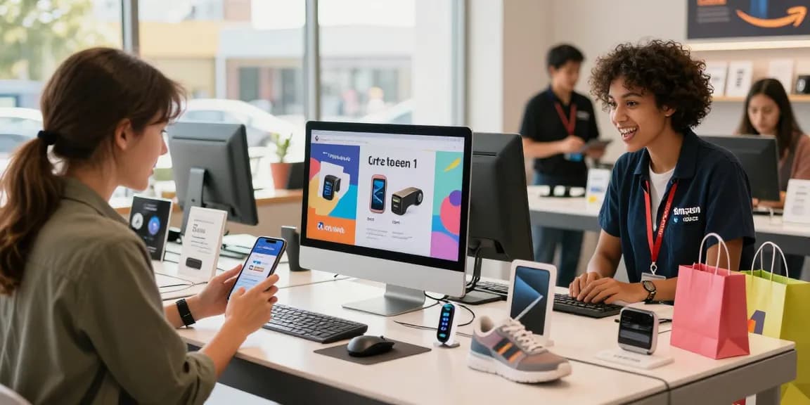 Excited shopper exploring Amazon Deals on gadgets during a vibrant retail experience.