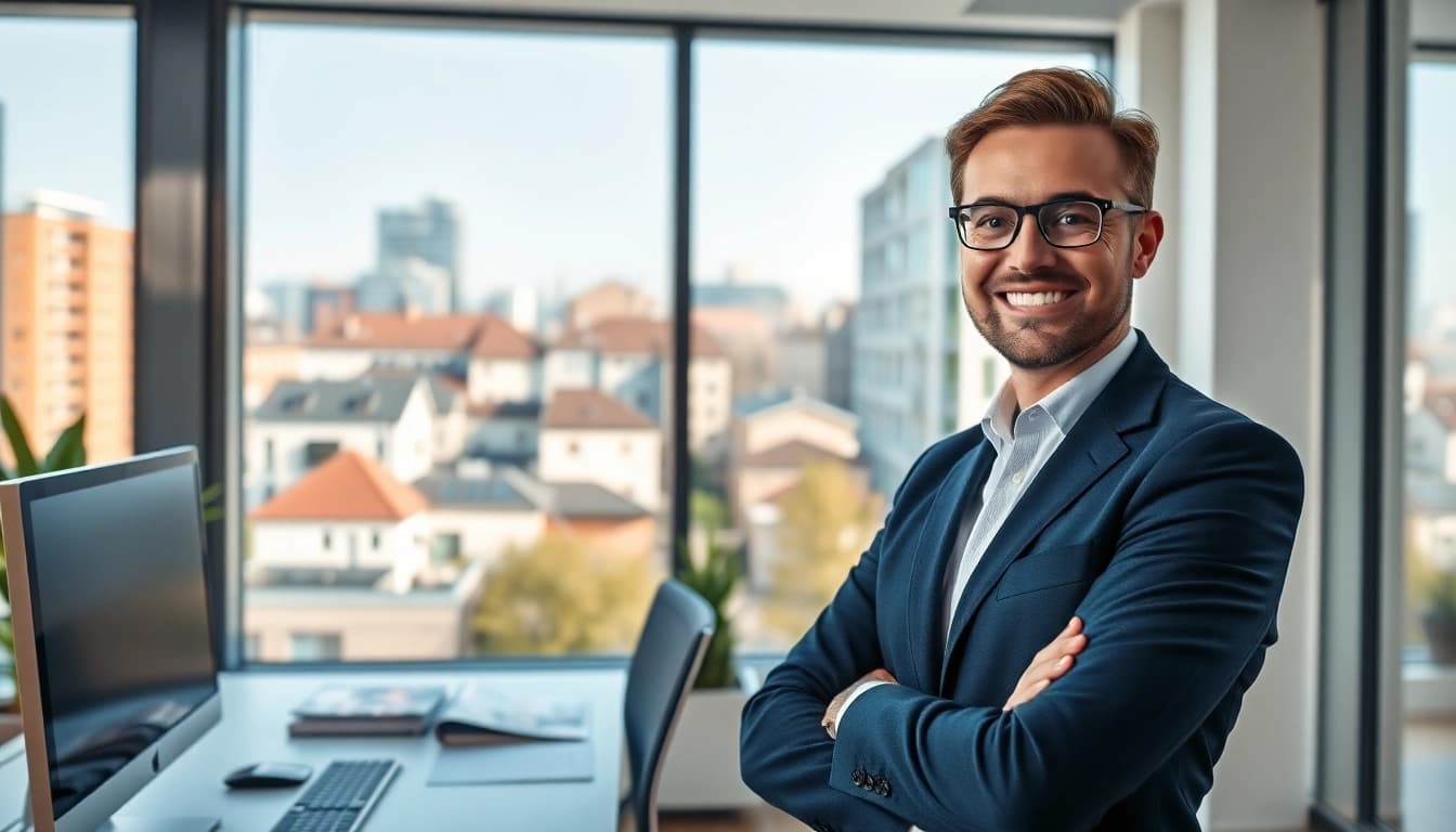 Immobilienmakler Frankfurt Eckenheim zeigt Immobilien in einem modernen Büro.