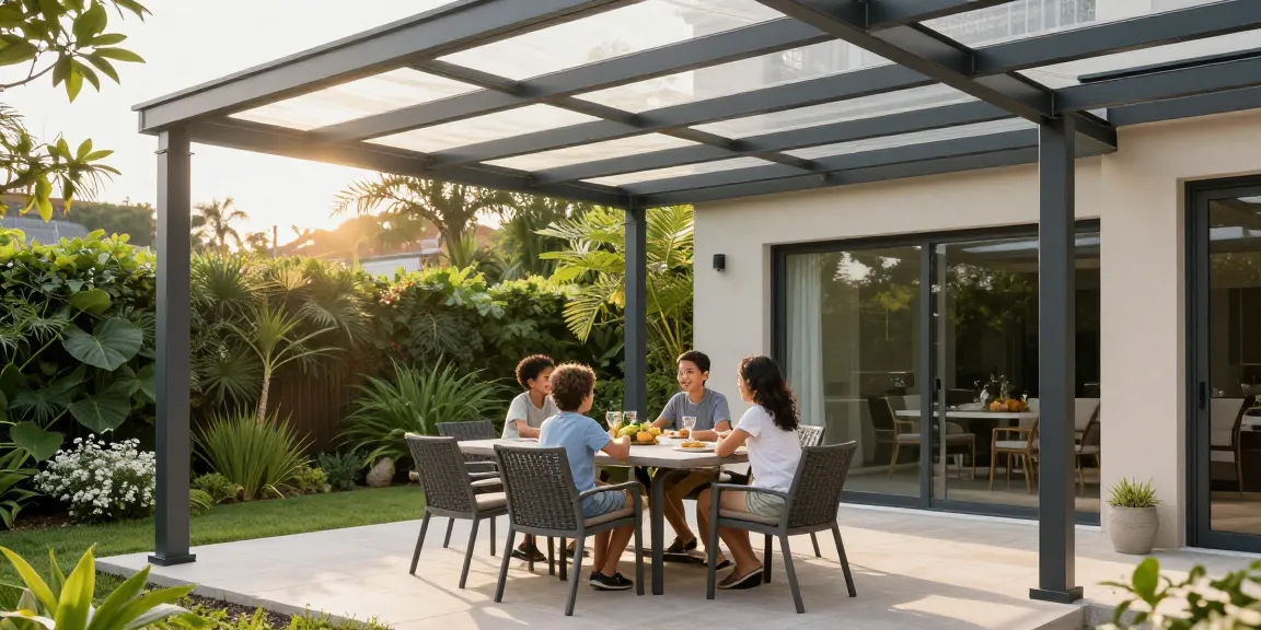 Moderne Terrassenüberdachungen in einem Garten mit Familie im Freien.