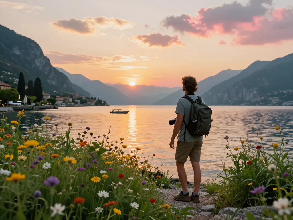 Entdecken Sie Gardasee Reisetipps mit einem Reisenden, der einen wunderschönen Sonnenuntergang am See erlebt.