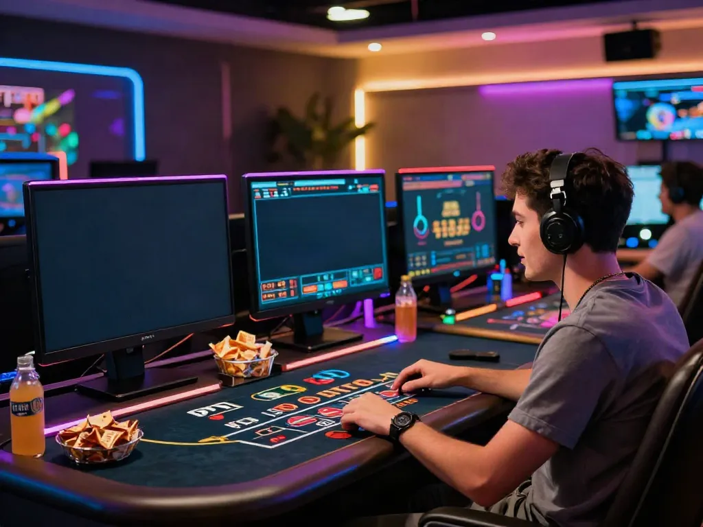 Engaged user enjoying live casino games at https://iwinnk.jp.net/ with vibrant LED lights and a modern setup.