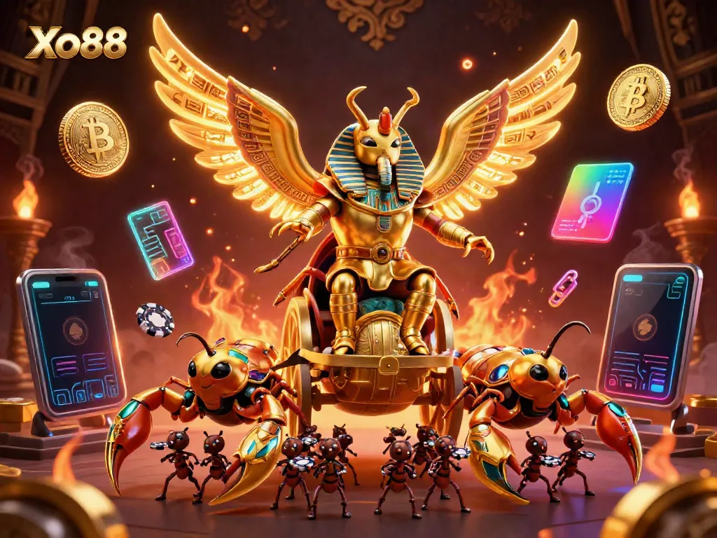 Xo88 combines excitement and luck with a vibrant 3D casino scene featuring golden scarabs and neon crypto coins.