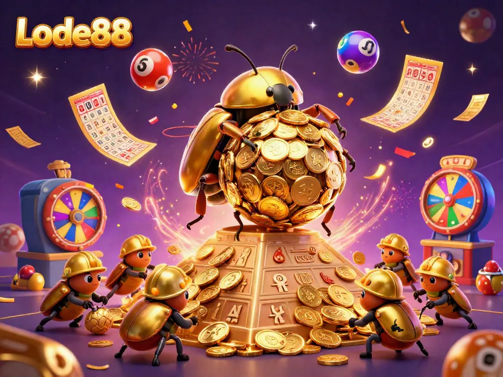 Spin and win with Lode88 as colorful lottery balls and golden elements surround a golden beetle.