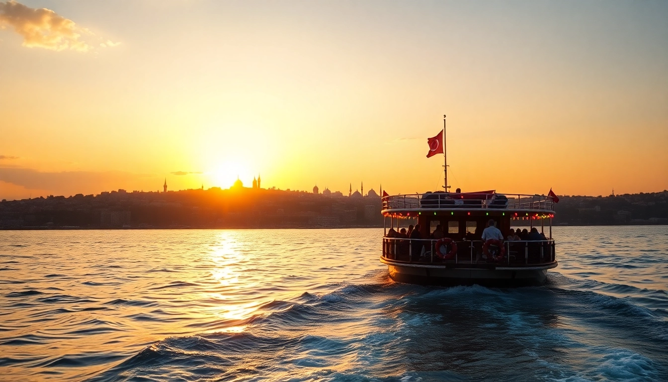 Bosphorus sunset cruise with stunning views of Istanbul's skyline during sunset.