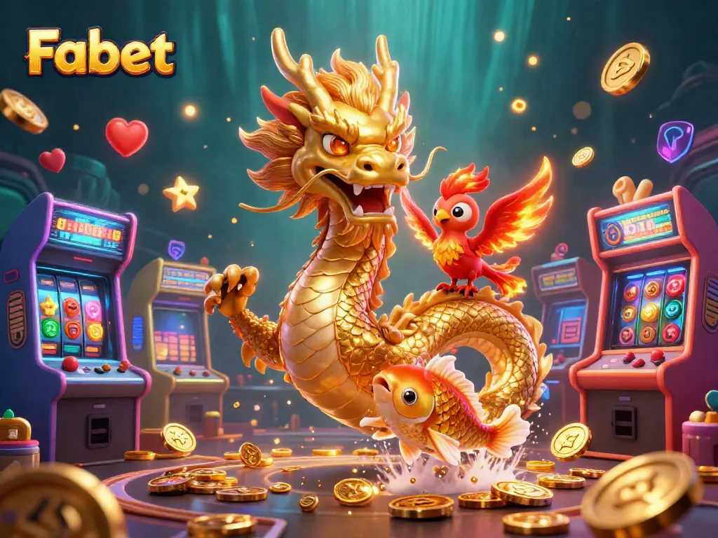 Experience thrilling gaming action with Fabet, showcasing a dragon, phoenix, and koi fish surrounded by casino elements.