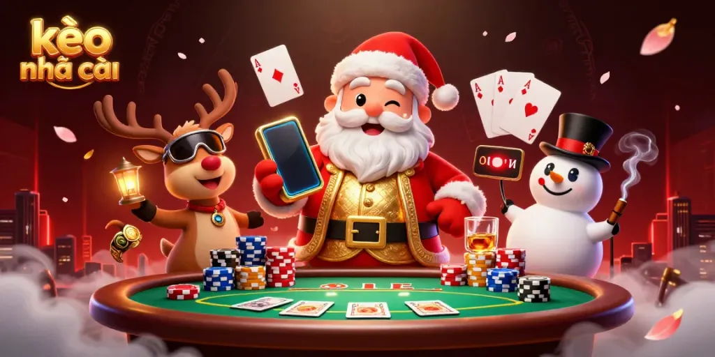 Engage with kèo nhà cái through this vibrant festive casino scene featuring characters and rich gambling elements.