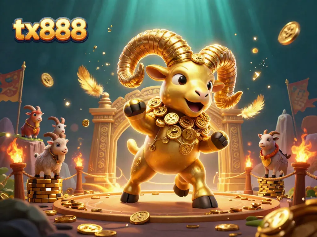 Engage in thrilling gameplay with tx888 featuring a powerful ram amidst golden coins and vibrant casino elements.