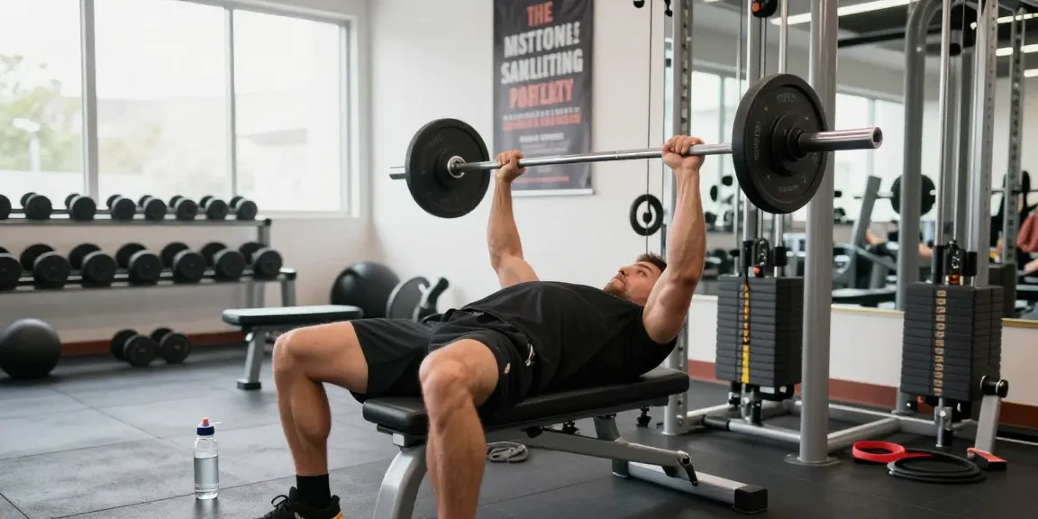 Muscular Mann im Anabolika Shop während des Trainings mit Hantelbank und Fitnessgeräten.