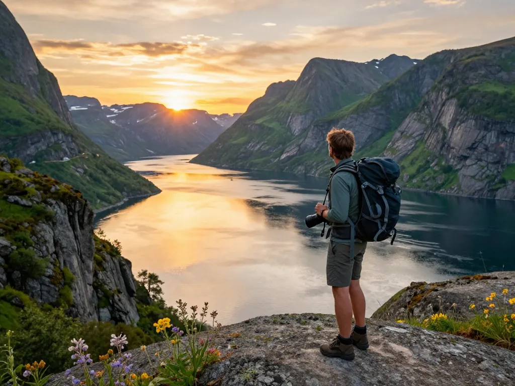 Reisetipps Skandinavien: Reisender erkundet die atemberaubende norwegische Fjordlandschaft während des Sonnenuntergangs.
