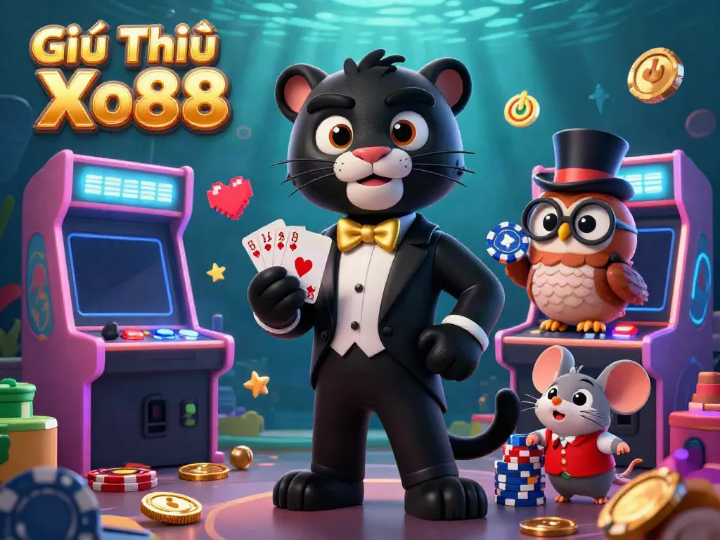Engaging scene of Giới Thiệu Xo88 featuring a tuxedoed panther dealing cards alongside an owl and lucky mouse.