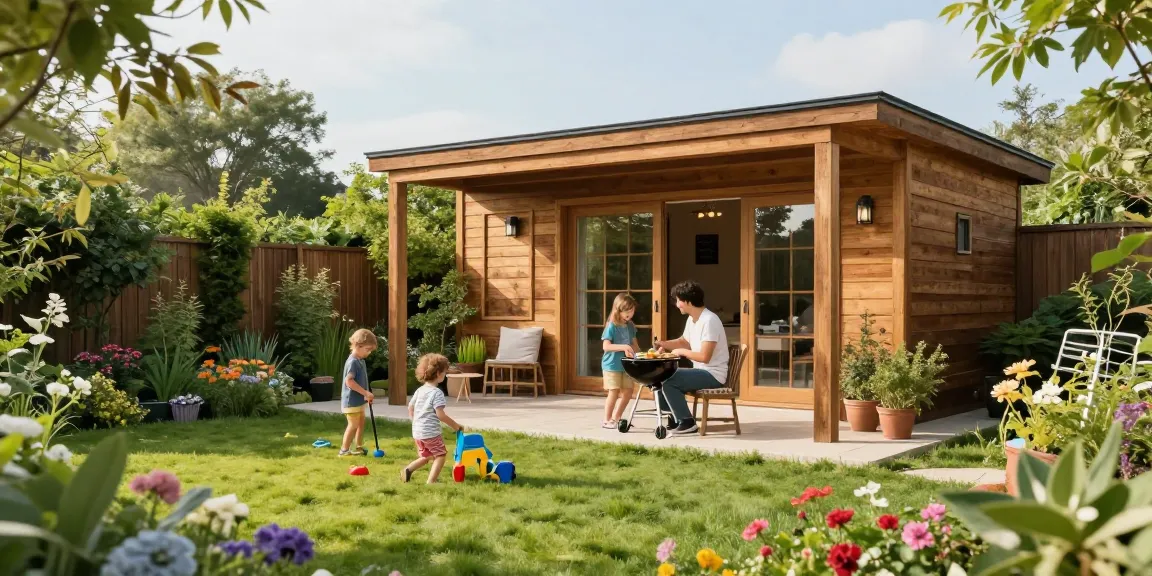 Gartenhaus kaufen in einem wunderschönen Garten mit Familie beim Grillen.
