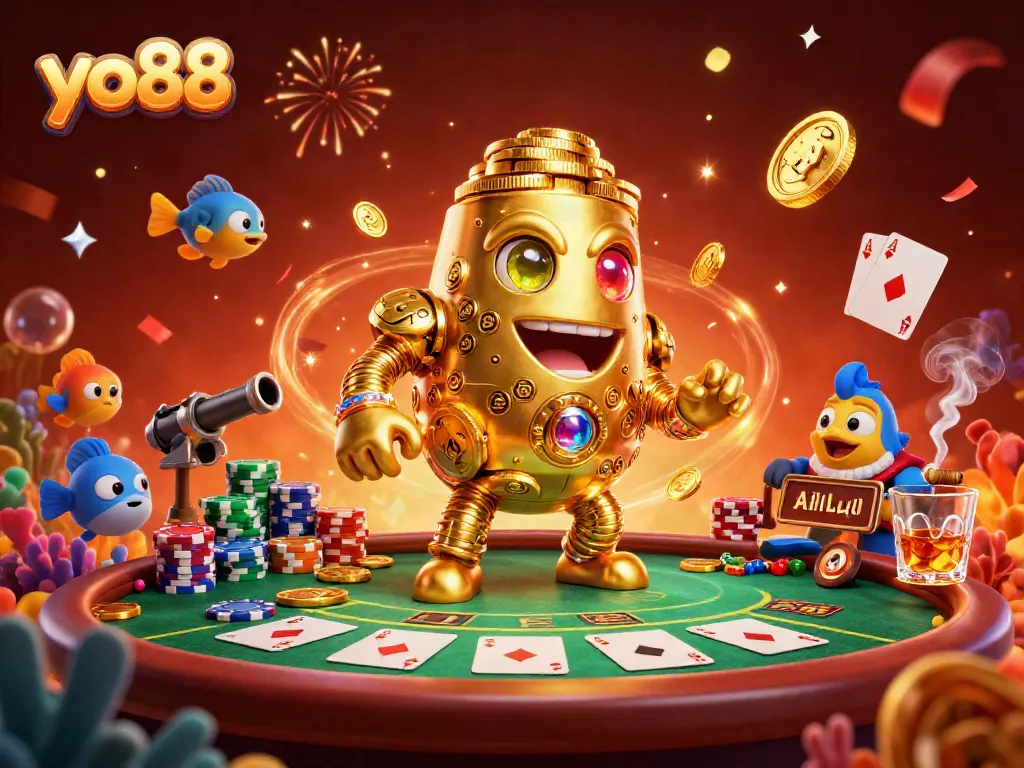 Engage in a thrilling yo88 fish shooting game with a golden golem and vibrant underwater elements.
