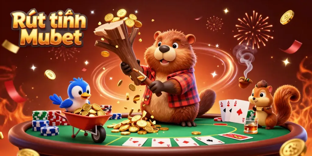 Experience the excitement of Rút tiền Mubet with a lavish casino scene featuring playful characters and cash.