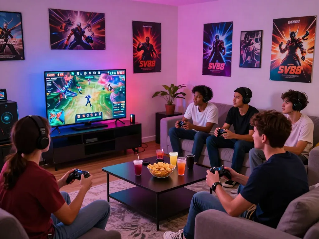 Dynamic gaming atmosphere with friends enjoying esports on SV88.