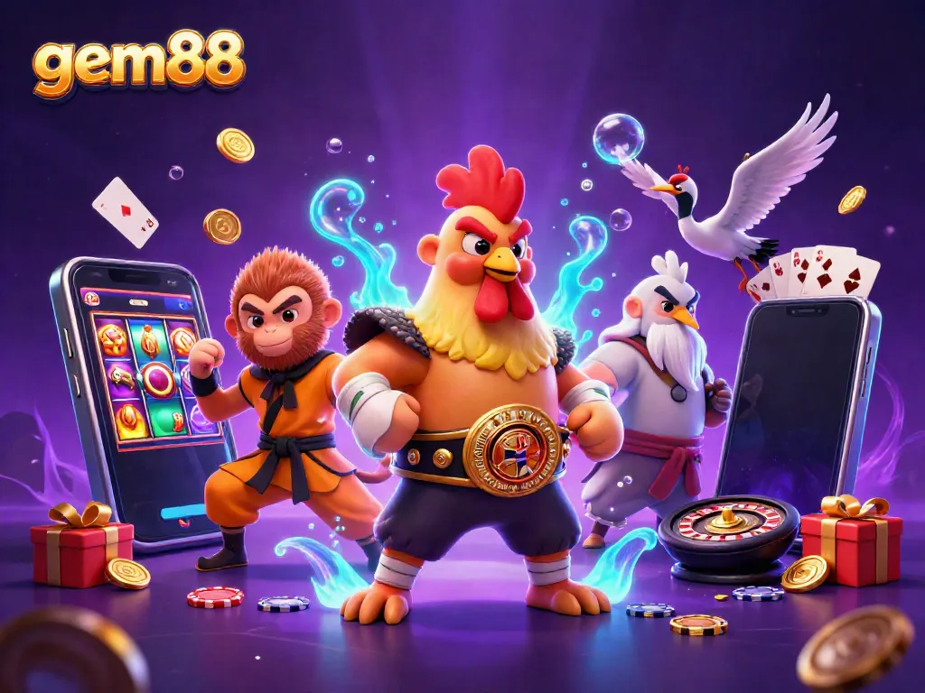 Watch the gem88 characters come to life amidst a dynamic casino scene bursting with gaming excitement.