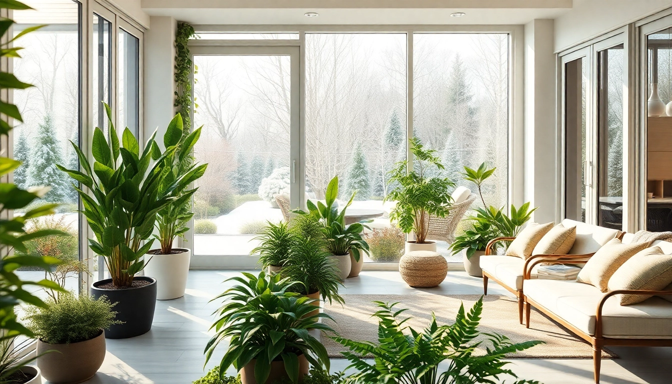 Wintergarten mit eleganten Moebeln und ueppigem Gruen in heller Atmosphaere gestalten.