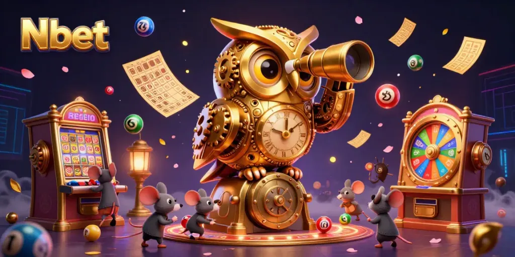 Nbet brings excitement with a clockwork owl and casino fun in this lively illustration.