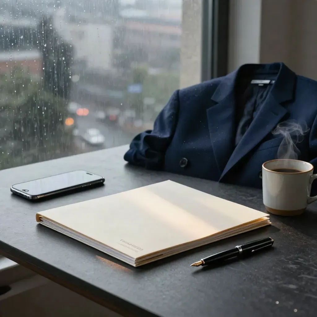 Navy-Blazer, Bewerbungsmappe, Handy und Tasse auf dunklem Tisch im Sturmlicht.