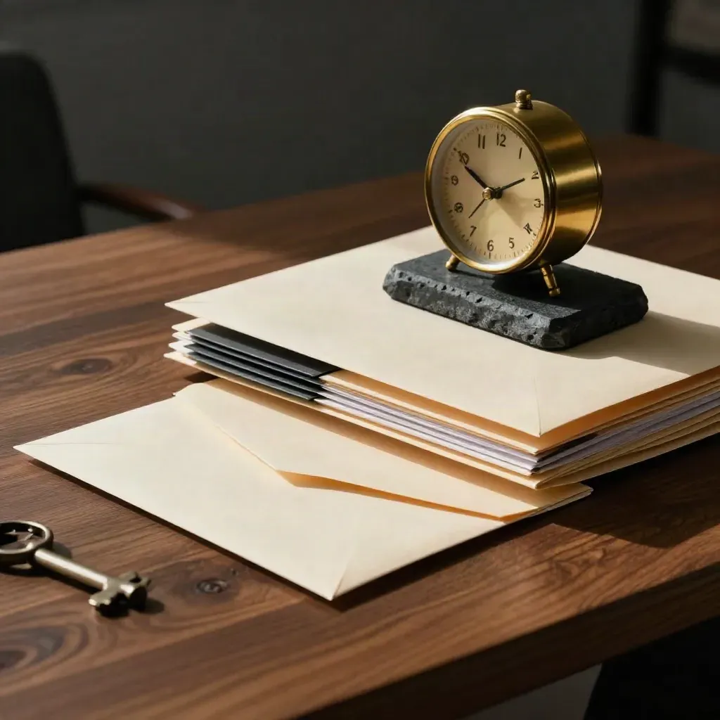Gehaltsgespräch mit Umschlag, Vergleichsordnern, Uhr und Papiergewicht auf Holztisch.