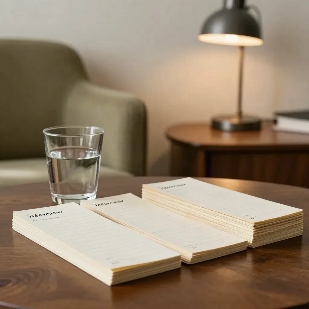 Interview-Karten, Wasserglas und Lampe in einer ruhigen Coaching-Ecke