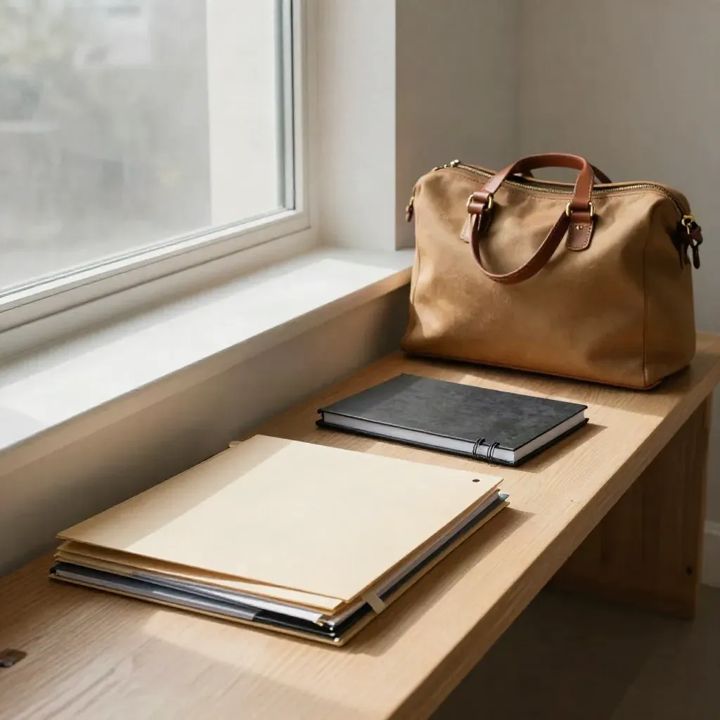 Ordner, Notizbuch und Reisetasche auf einer Bank im Morgenlicht.