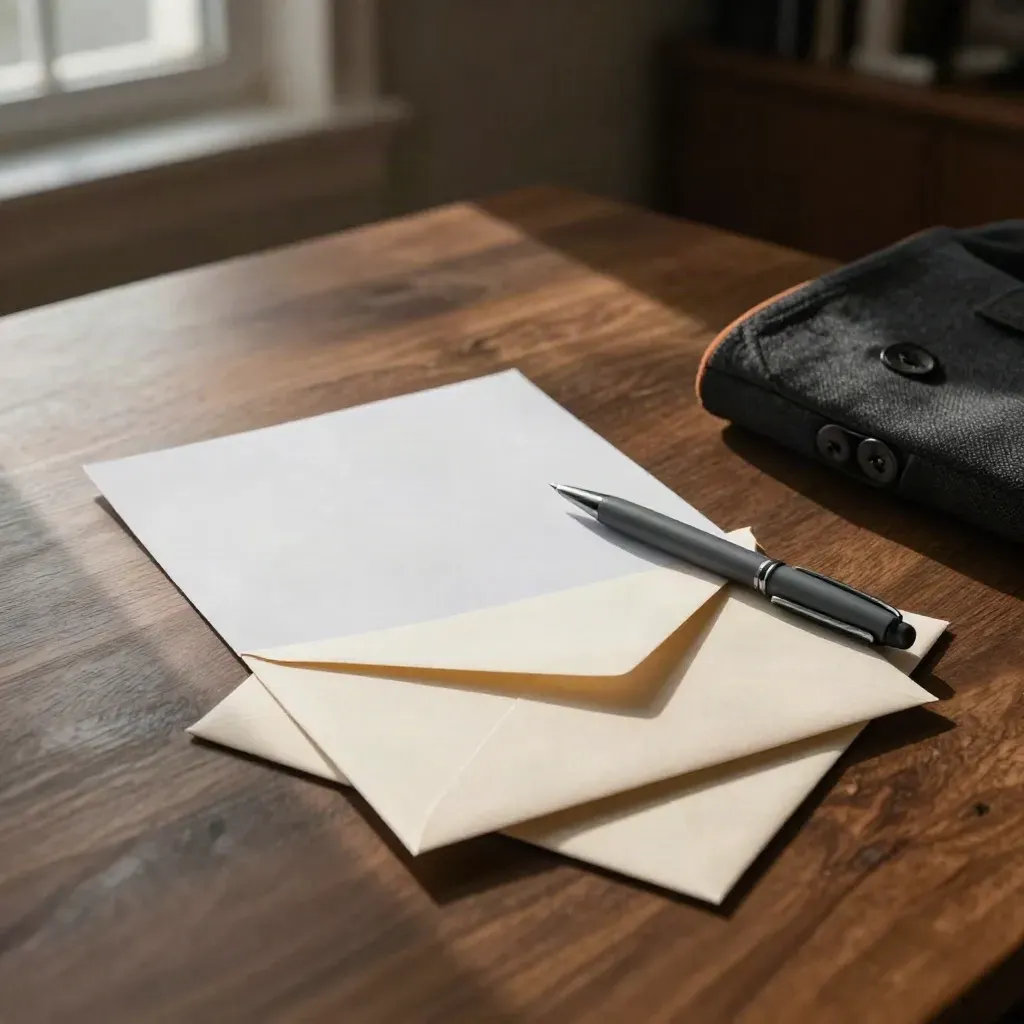 Reißbrief, Umschlag, Stift und Sakko-Manschette auf einem Tisch im Abendlicht.