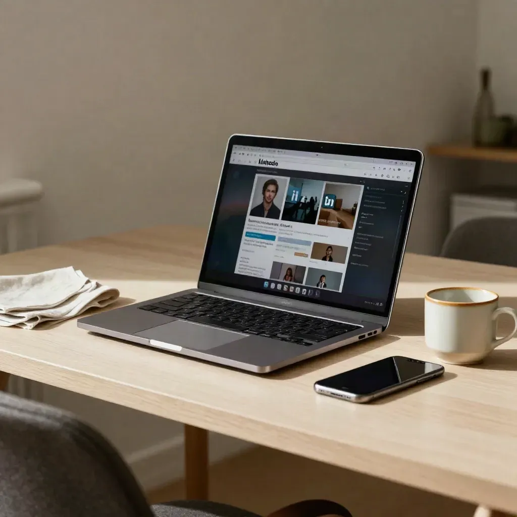 Laptop mit unscharfer LinkedIn-Ansicht, Handy und Keramiktasse im Coaching-Studio
