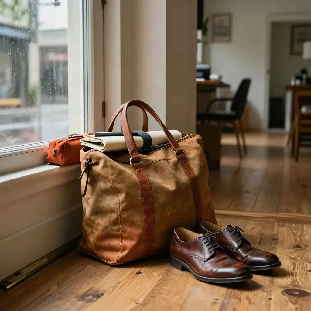 Reisetasche, aufgerolltes Notizbuch und Schuhe neben einer Bank im Eingangsbereich.