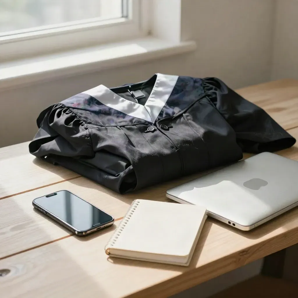 Graduationsrobe, Blazer, Laptop und Notebook auf hellem Holz im Morgenlicht