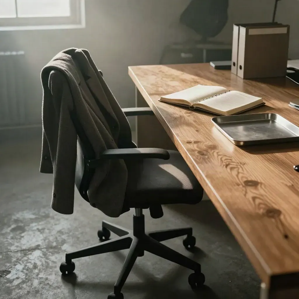 Mutiger Bürostuhl mit Mantel und aufgeschlagenem Planer im morgendlichen Bürolicht.