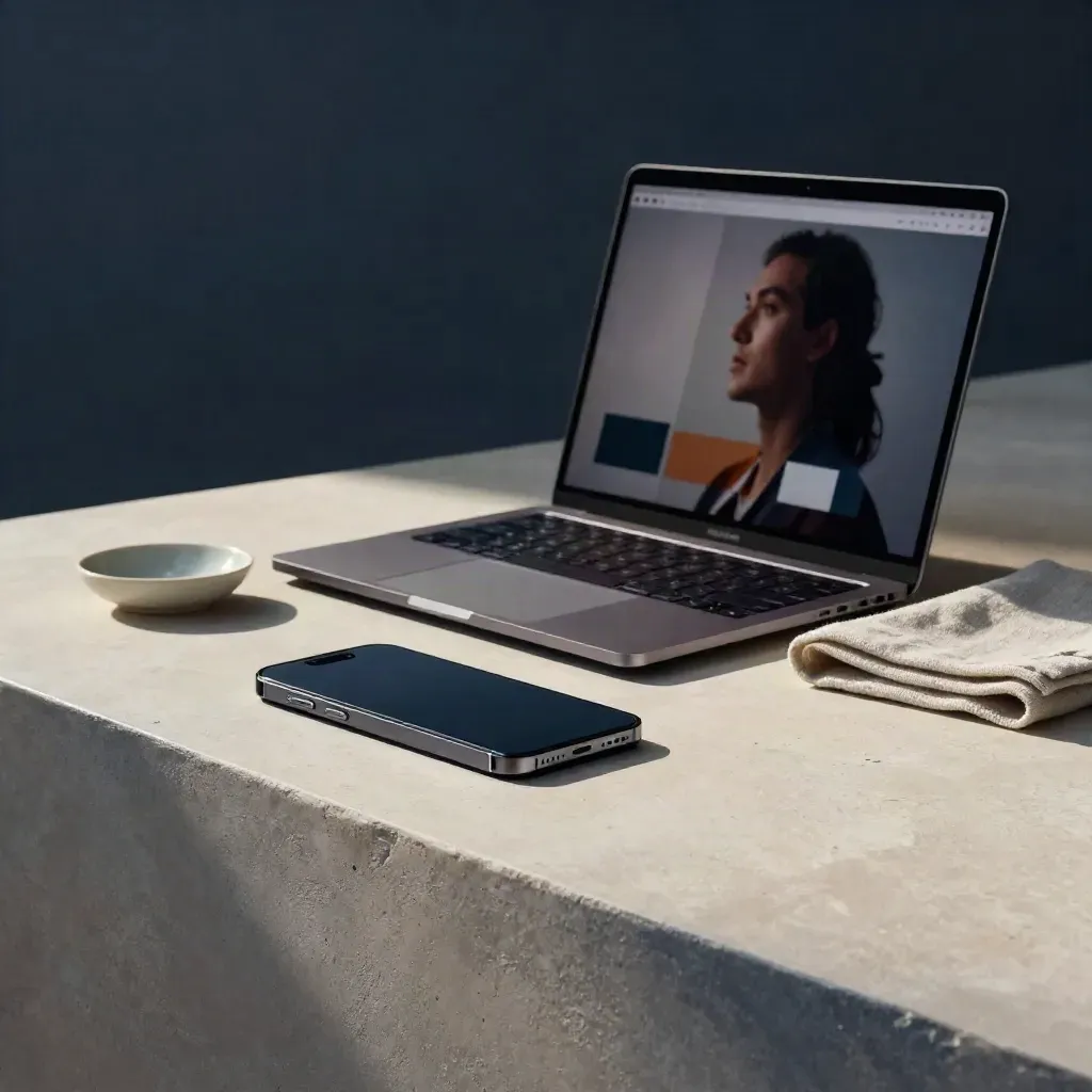 Smartphone neben Laptop mit unscharfem Profilbild und Keramikschale auf hellem Stein.