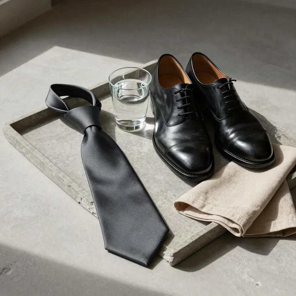 Interview-Kit mit Krawatte, Schuh, Wasserglas und Blazerärmel auf Steintablett