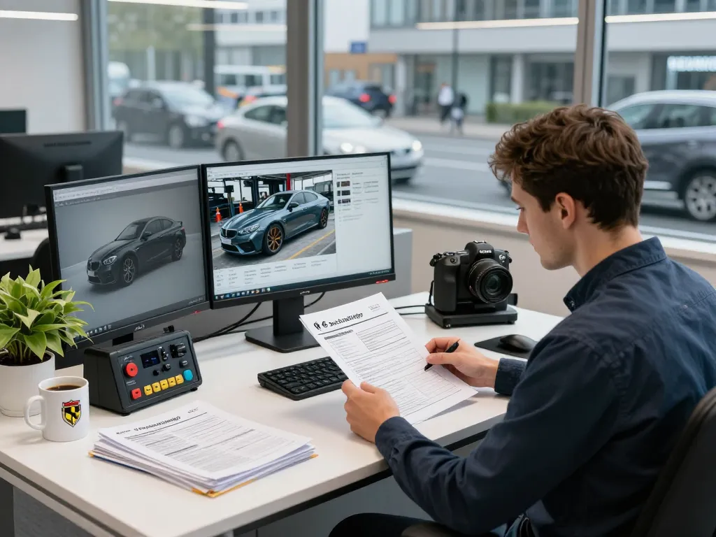 Kfz Sachverständiger Bonn analysiert Fahrzeugberichte in einem modernen Büro mit Diagnosewerkzeugen und hellem Licht.