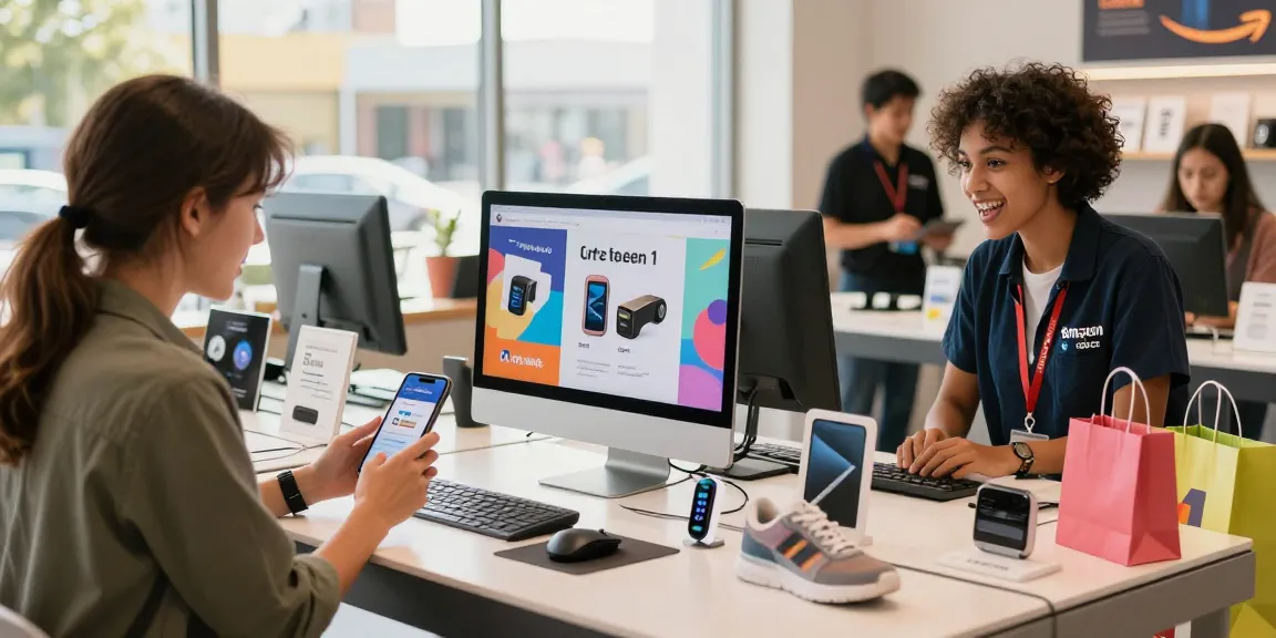 Excited shopper exploring Amazon Deals on gadgets during a vibrant retail experience.