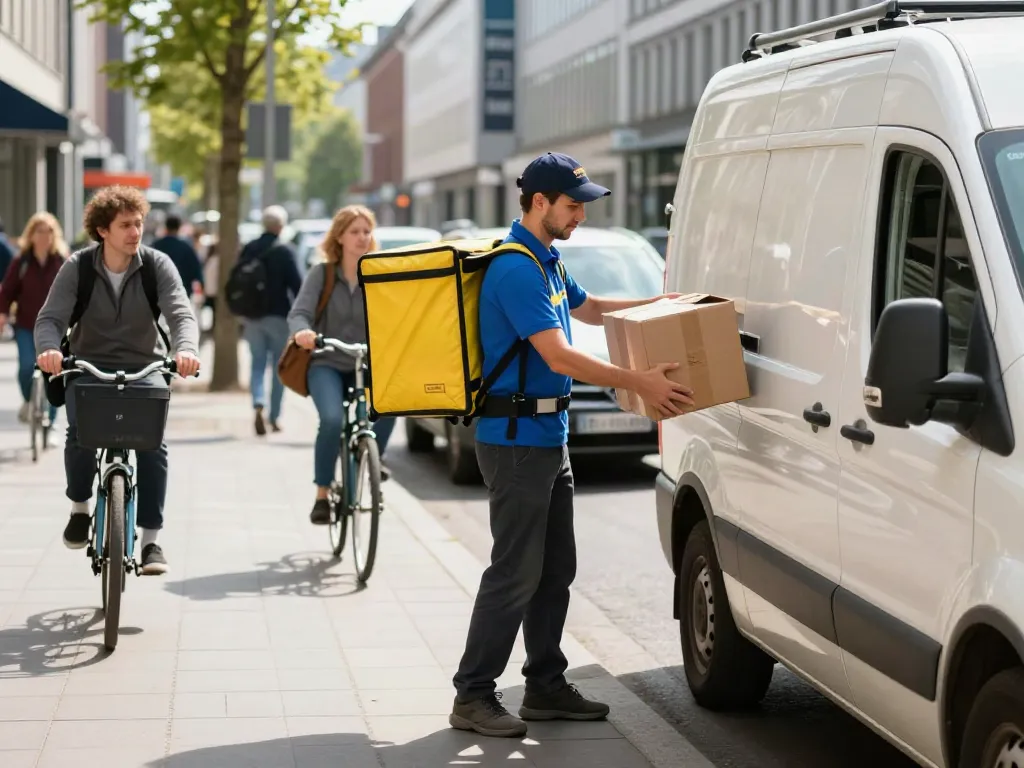 Kurierdienst in Bielefeld mit professionellem Kurier, der Pakete in einen Lieferwagen lädt, umgeben von urbaner Umgebung.