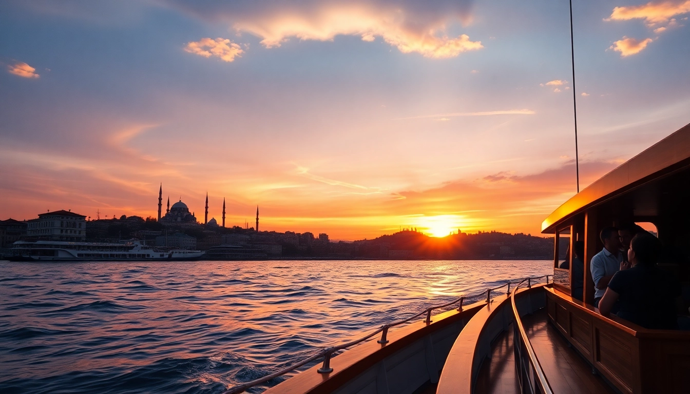 Bosphorus sunset cruise with scenic views of Istanbul's skyline during sunset.
