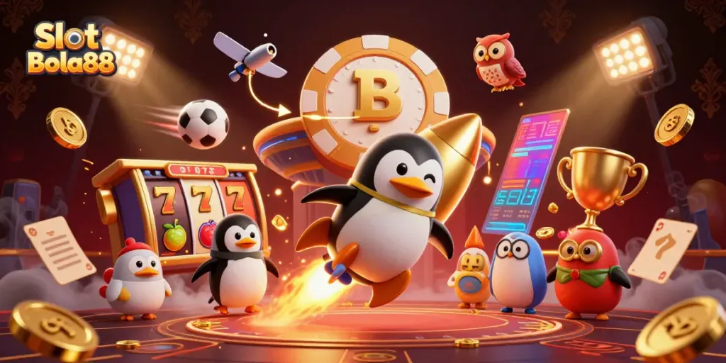 Experience thrilling Slot Bola88 with a golden penguin blasting toward a casino space station amidst a cascade of coins.