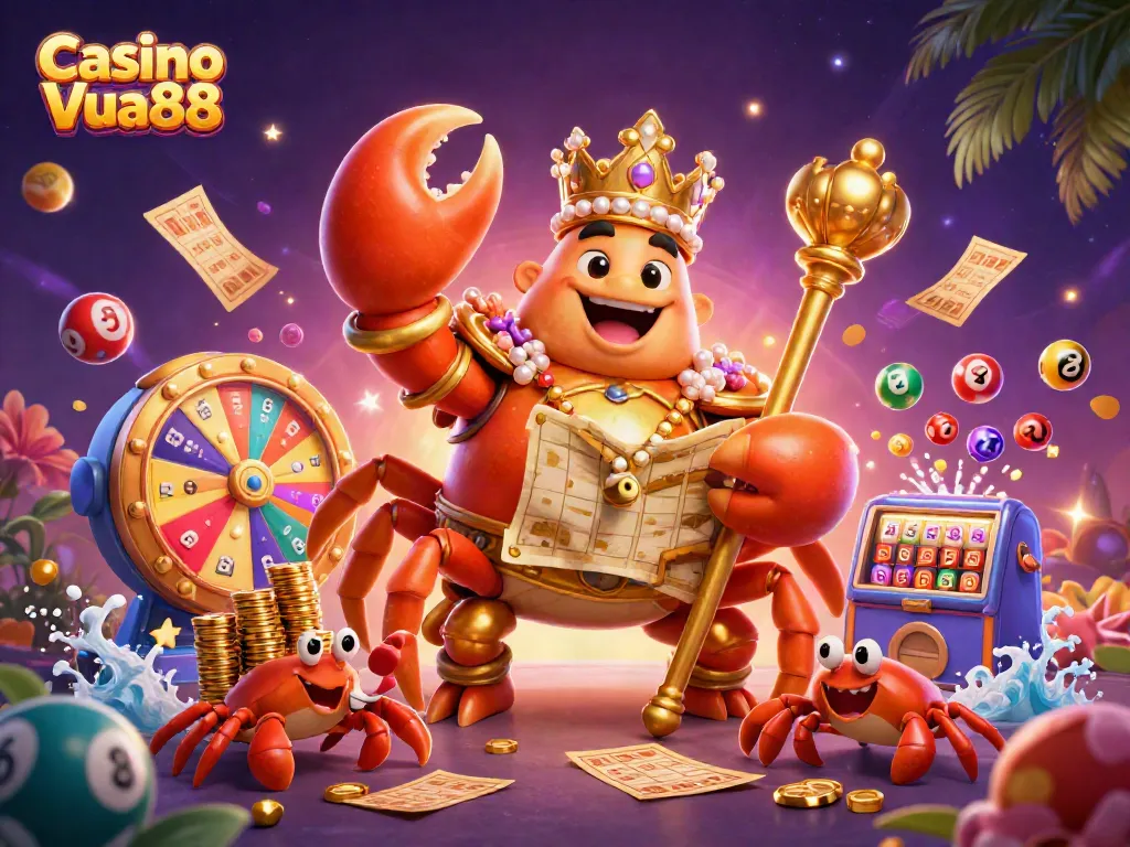 Experience an exciting moment at Casino Vua88 with a golden crab emperor presiding over vibrant casino elements.