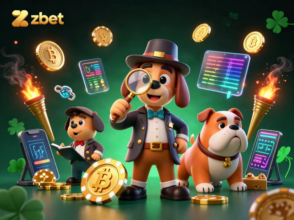 Zbet casino scene with detective characters discovering poker clues amidst crypto-themed elements.