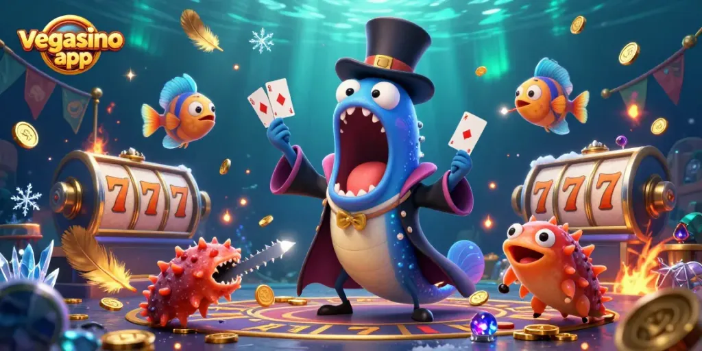 Experience the thrilling vegasino app with a vibrant deep-sea casino scene featuring unique bioluminescent characters.