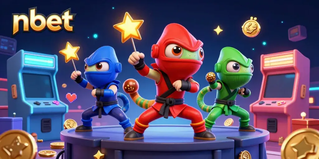 Engage with nbet's exciting gaming environment featuring vibrant 3D chameleons and arcade elements.