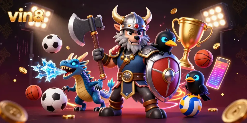Experience thrilling betting action with vin88 as Viking warriors and dragons collide in a vibrant casino scene.