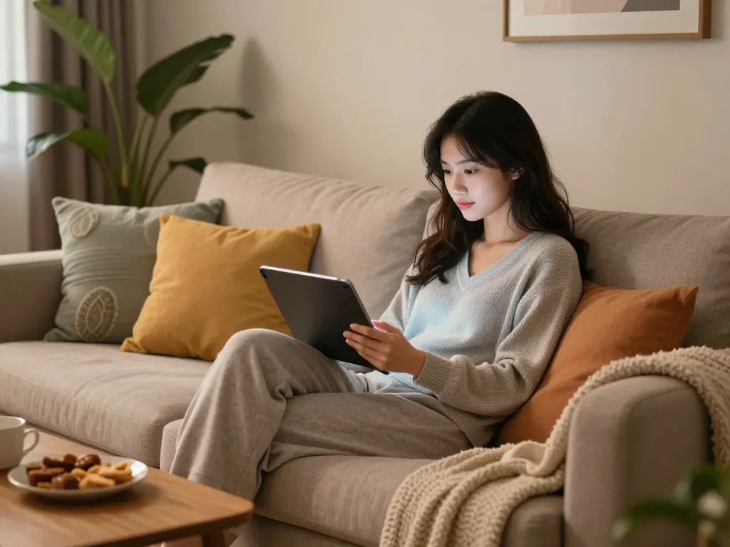 Engaging with a virtual girlfriend AI in a cozy living room, highlighting modern companionship.