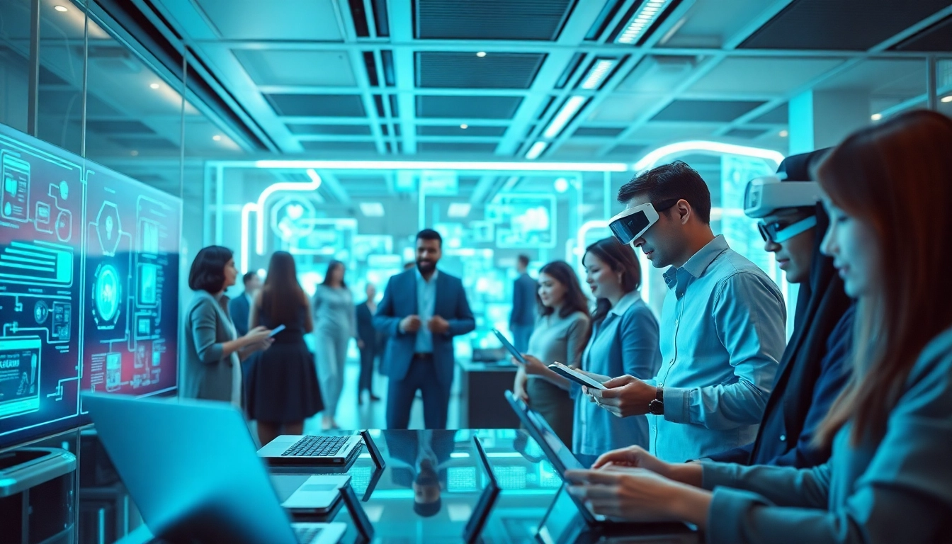 Engaged adults using innovative AI technology in a vibrant tech hub focused on ai 18+.