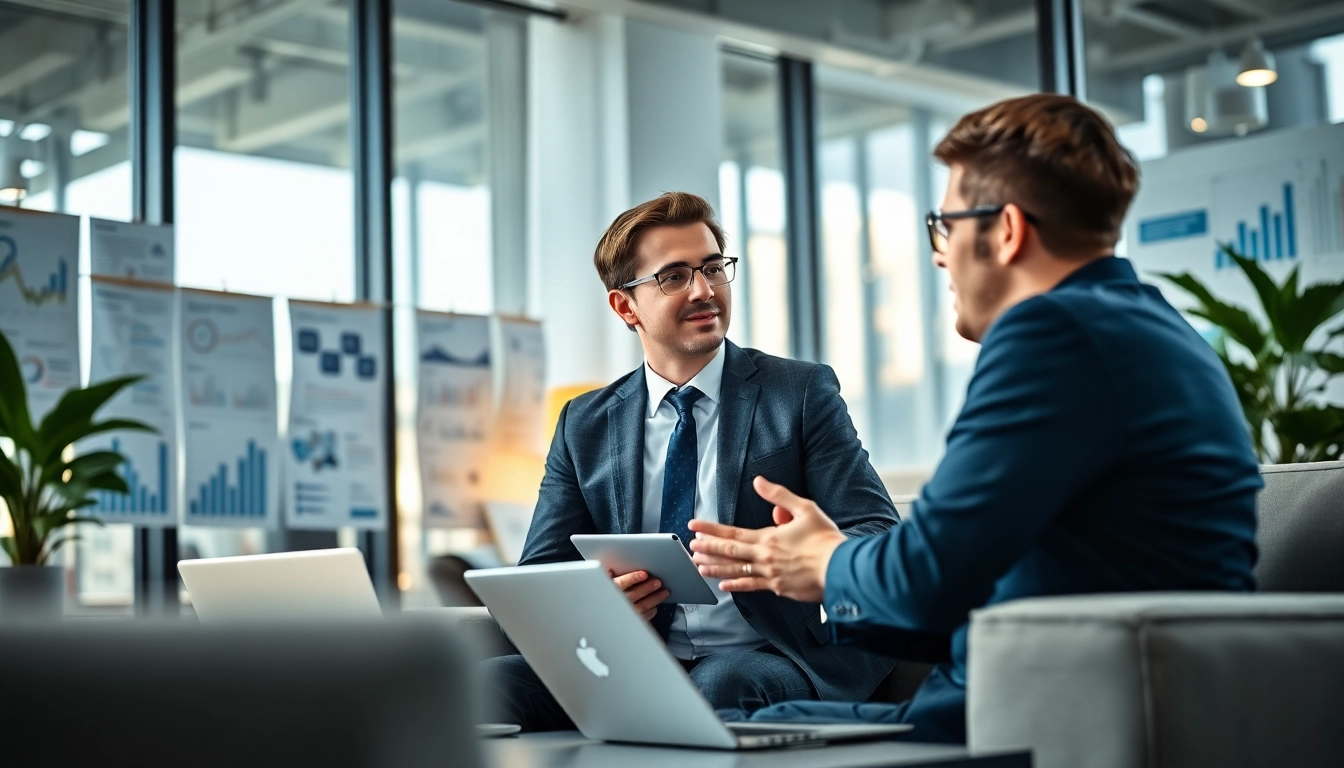 Headhunter IT beraten erfolgreich in einem modernen Büro mit Tech-Diagrammen.