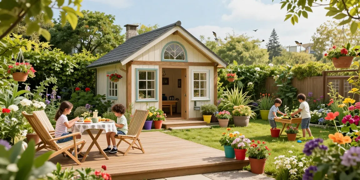 Gartenhaus umgeben von lebhaften Blumenbeeten und einer einladenden Terrasse für eine harmonische Gartenatmosphäre.