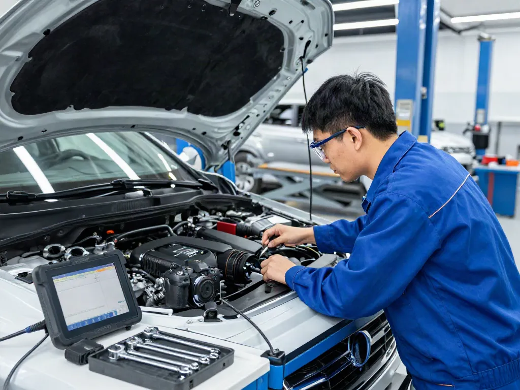 Techniker bei der DPF-Regeneration in einer modernen Kfz-Werkstatt mit digitalen Anzeigen und Werkzeugen.
