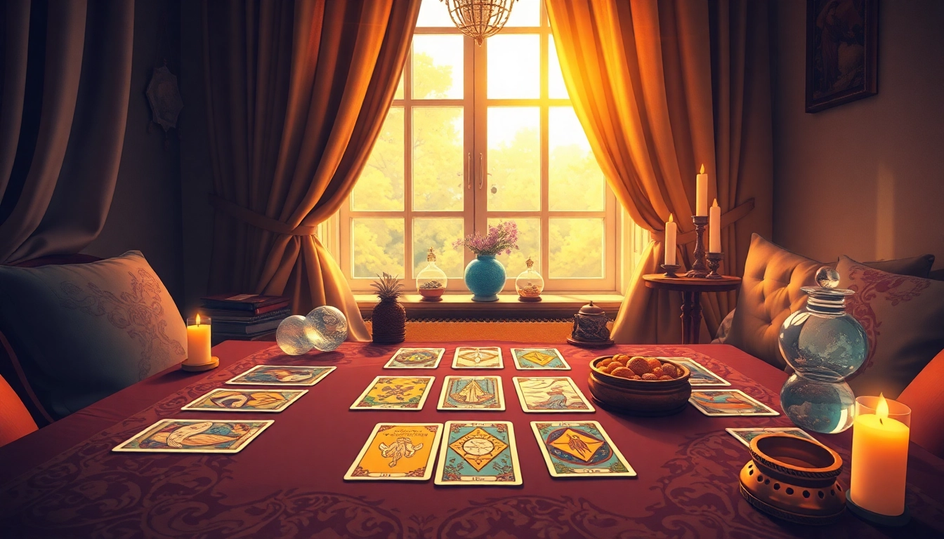 Hellseher online zeigt eine einladende Tarotlesung mit mystischen Karten.